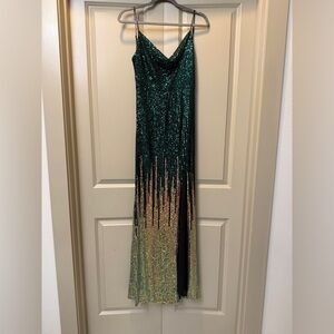 City Vibe Spaghetti Strap Low Back High Slit Ombre Sequin Dress. Size 11